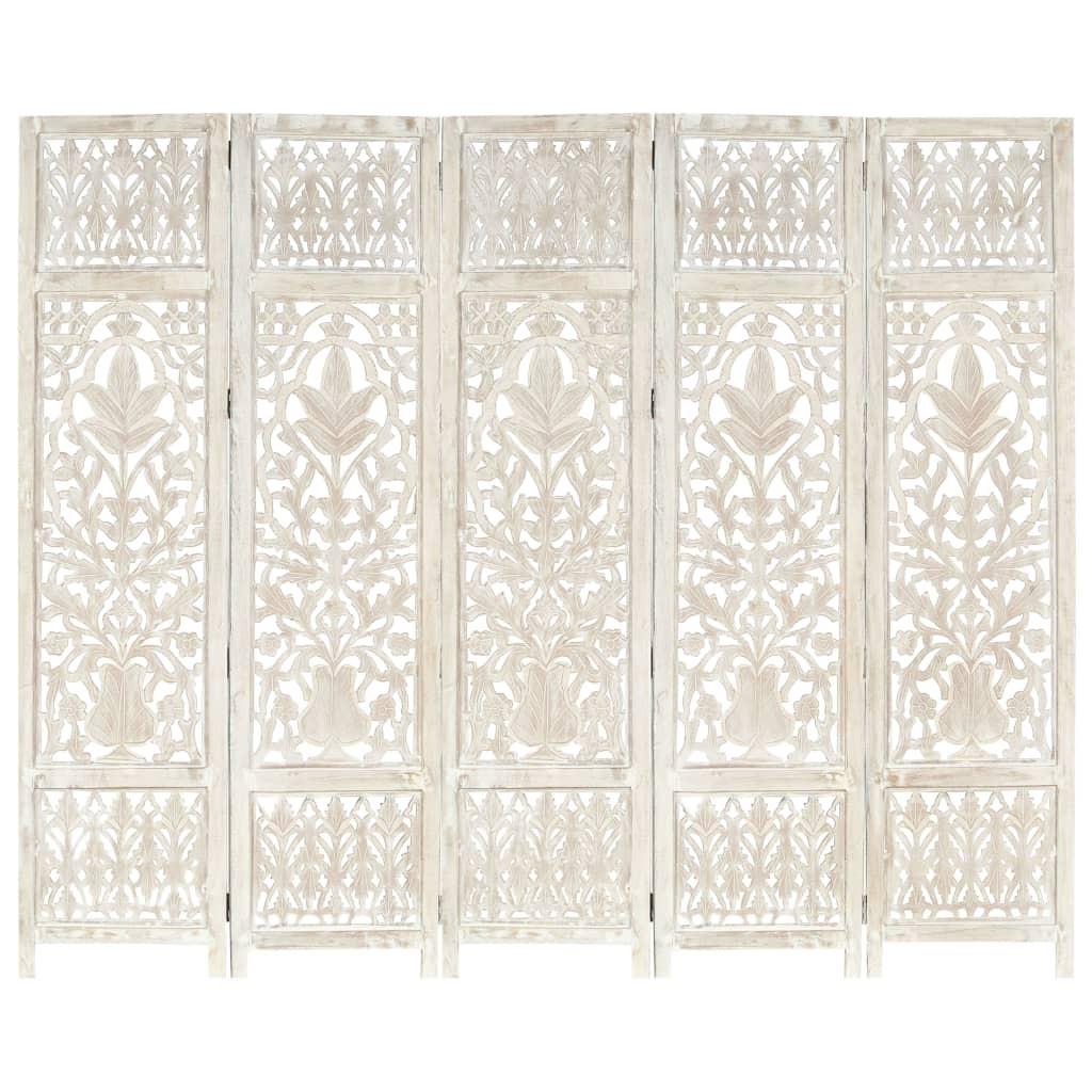 5-panels rumdeler håndskåret 200x165 cm massivt mangotræ hvid