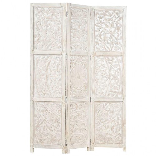 3-panels rumdeler - håndskåret 120 × 165 cm i massivt mangotræ, hvid