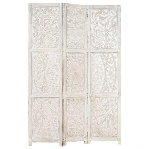 3-panels rumdeler - håndskåret 120 × 165 cm i massivt mangotræ, hvid