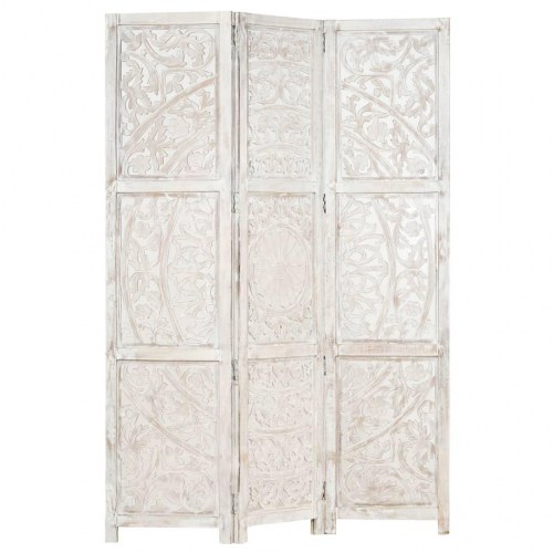 3-panels rumdeler - håndskåret 120 × 165 cm i massivt mangotræ, hvid