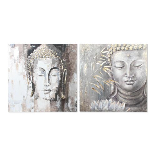 Lærredsmaleri i fyrretræ - Buddha, grå, 100 × 100 cm (sæt af 2)