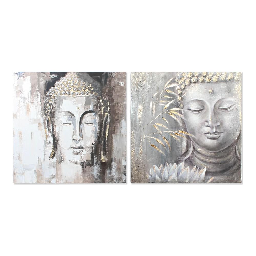 Lærredsmaleri i fyrretræ - Buddha, grå, 100 × 100 cm (sæt af 2)