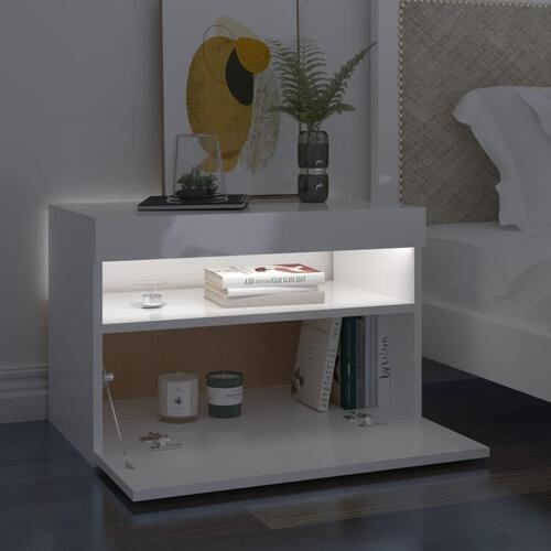 Sengebord med LED-lys 60x35x40 cm hvid højglans
