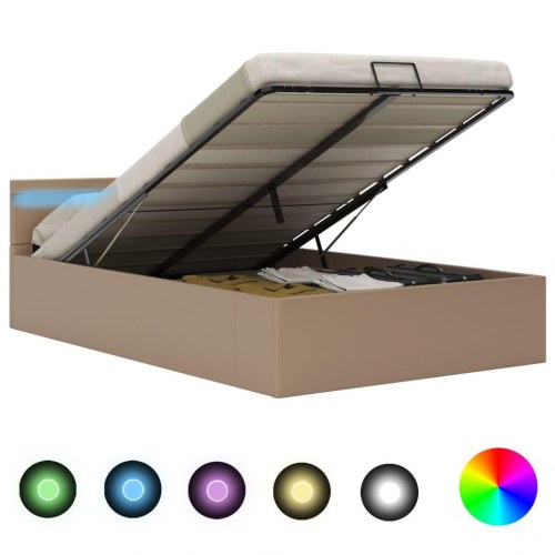 Hydraulisk opbevaringsseng med LED 140×200 cm - kunstlæder, cappuccino