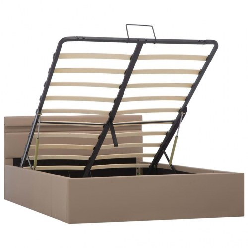 Hydraulisk opbevaringsseng med LED 140×200 cm - kunstlæder, cappuccino
