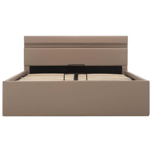 Hydraulisk opbevaringsseng med LED 140×200 cm - kunstlæder, cappuccino