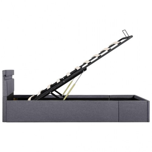 Hydraulisk opbevaringsseng med LED - 90 × 200 cm, stof, mørkegrå