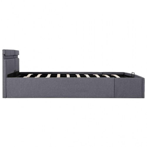 Hydraulisk opbevaringsseng med LED - 160×200 cm, stof, mørkegrå