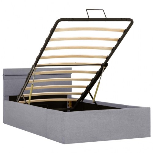 Hydraulisk opbevaringsseng med LED - 100x200 cm, stof, lysegrå