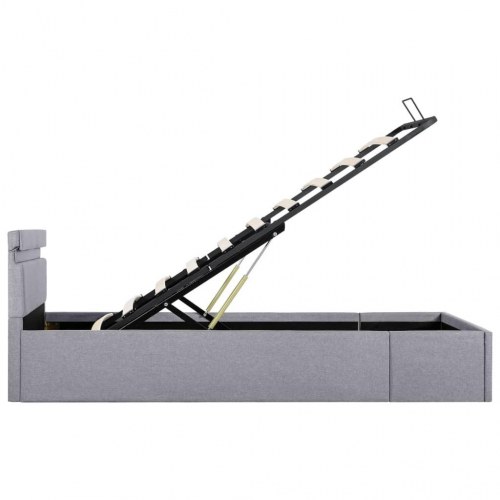 Hydraulisk opbevaringsseng med LED - 100x200 cm, stof, lysegrå