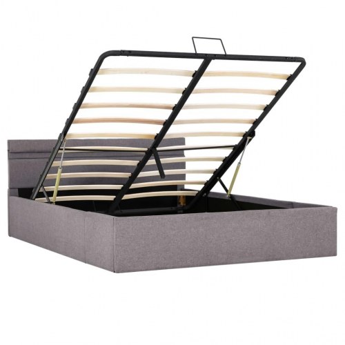 Hydraulisk opbevaringsseng med LED 140x200 cm stof gråbrun