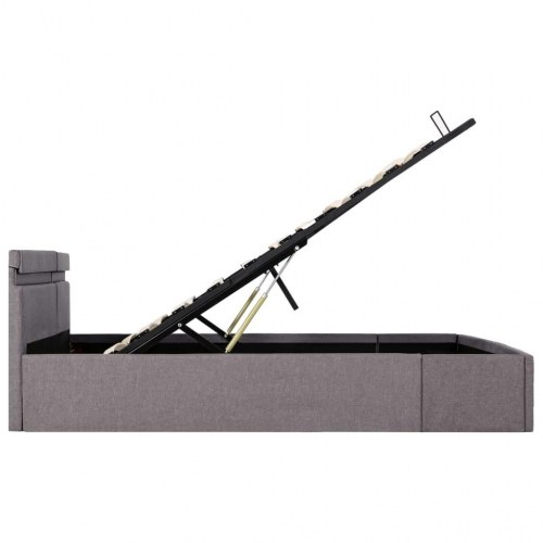 Hydraulisk opbevaringsseng med LED 160×200 cm - stof, gråbrun