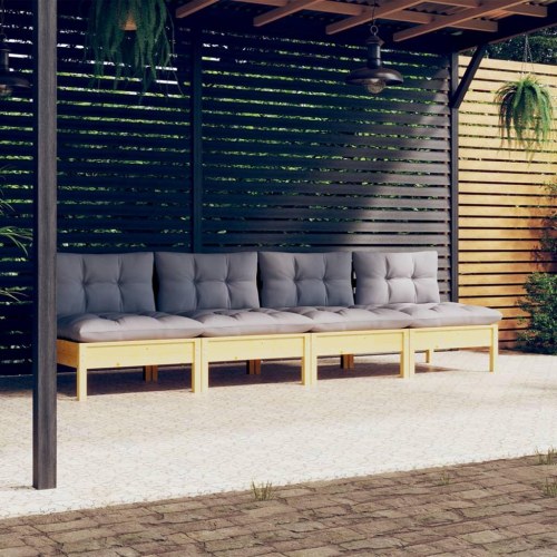 4-personers havesofa i massivt fyrretræ med grå hynder - modulsofa til terrasse og have