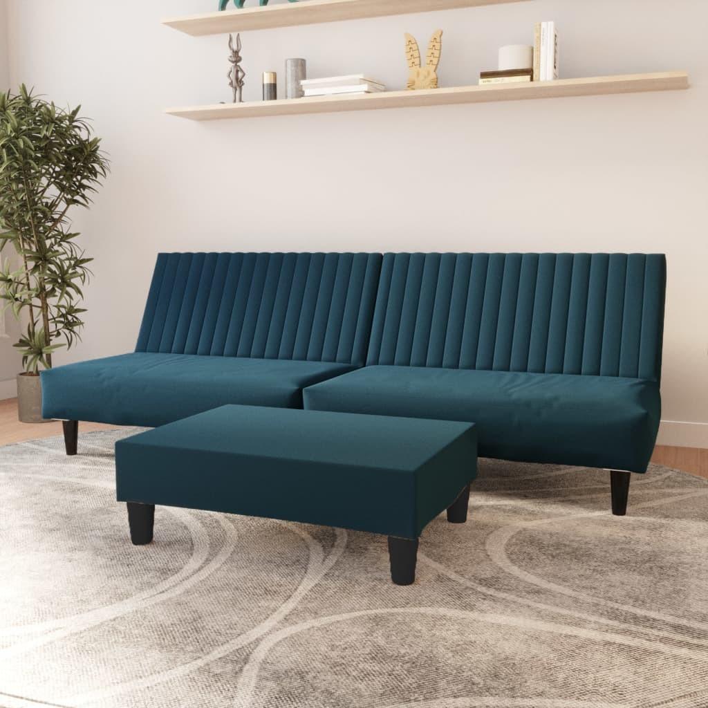 2-personers sovesofa med fodskammel fløjl blå