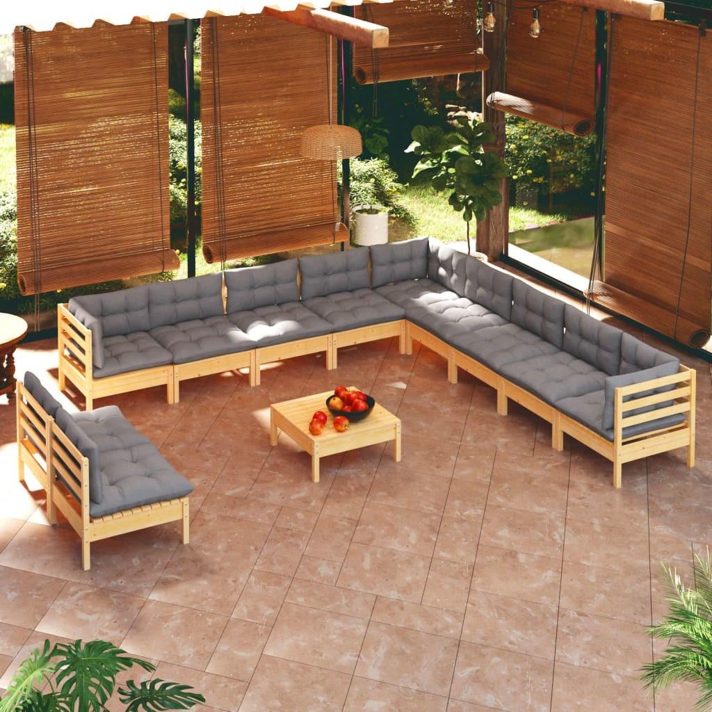 Loungesæt Til Haven 12 Dele Med Grå Hynder Massivt Fyrretræ - Brun og grå