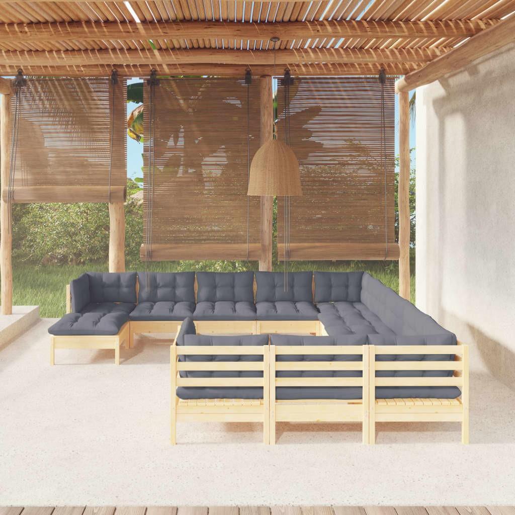 Loungesæt Til Haven 12 Dele Med Grå Hynder Fyrretræ - Brun og grå