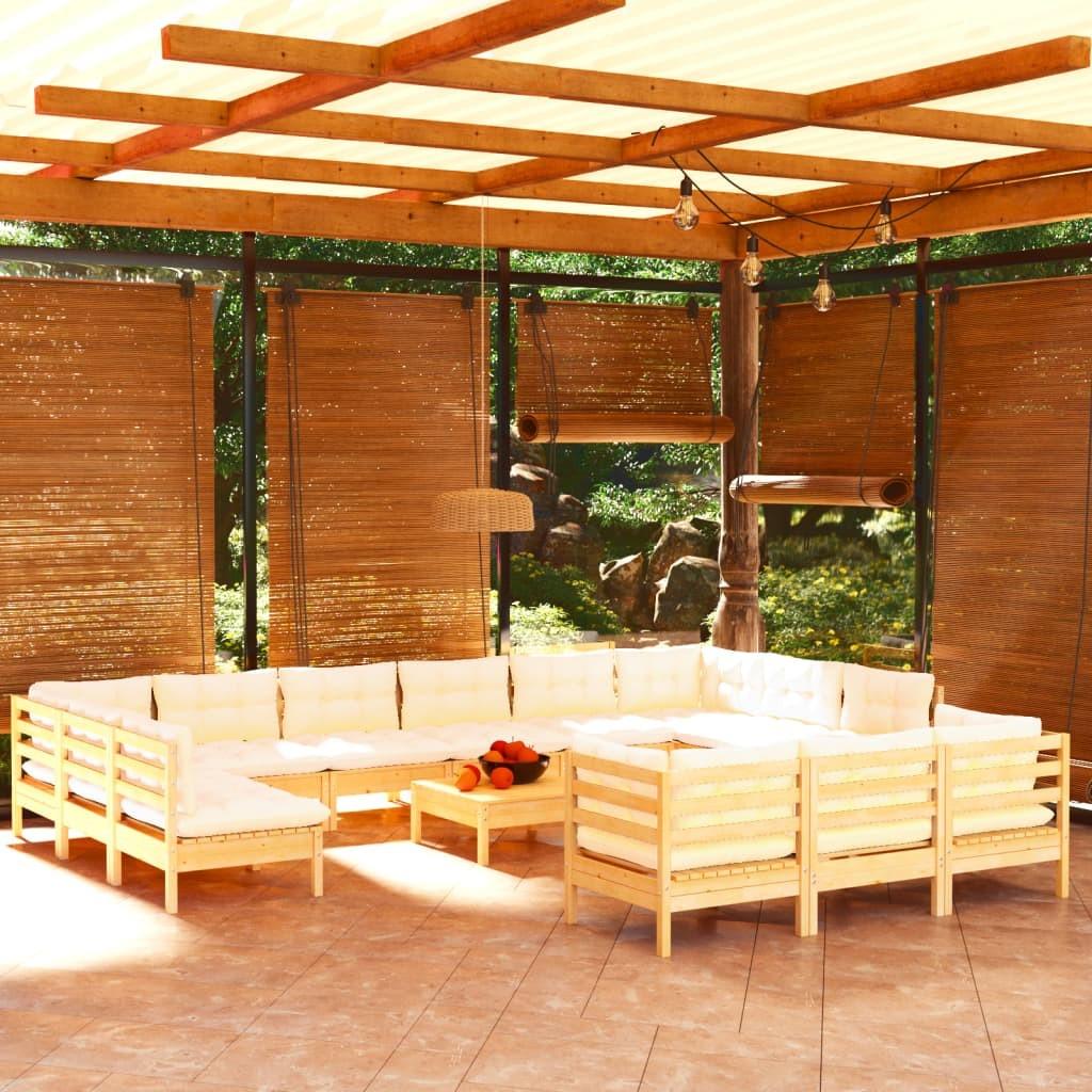 Se loungesæt til haven 14 dele cremefarvede hynder fyrretræ hos Boligcenter.dk
