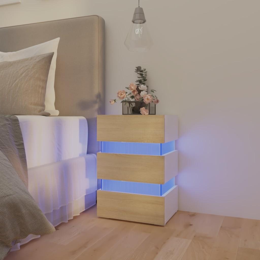 Sengebord med LED 45x35x67 cm konstrueret træ hvid og sonoma-eg