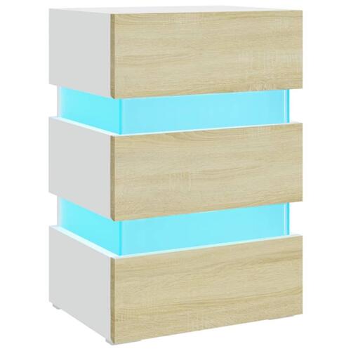 Sengebord med LED 45x35x67 cm konstrueret træ hvid og sonoma-eg