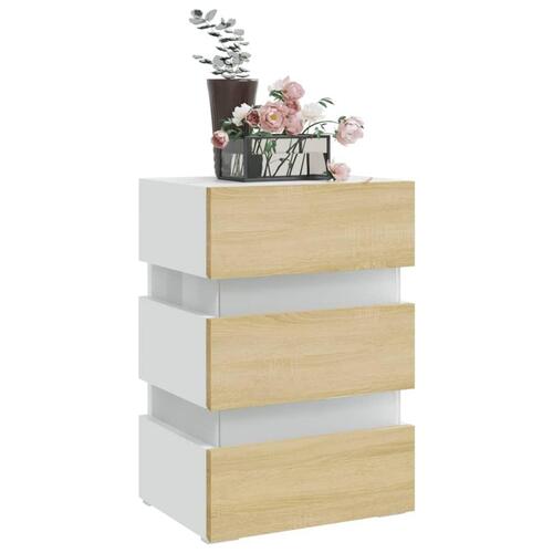 Sengebord med LED 45x35x67 cm konstrueret træ hvid og sonoma-eg