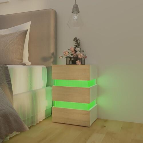 Sengebord med LED 45x35x67 cm konstrueret træ hvid og sonoma-eg