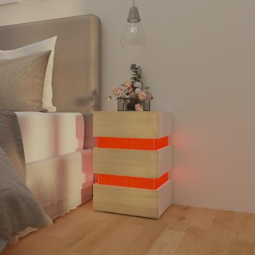 Sengebord med LED 45x35x67 cm konstrueret træ hvid og sonoma-eg