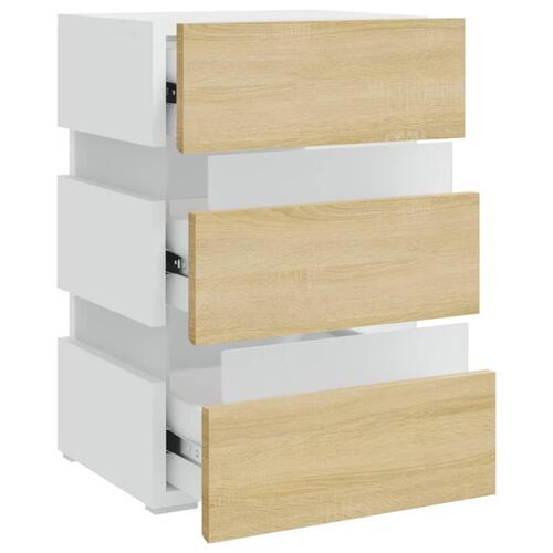 Sengebord med LED 45x35x67 cm konstrueret træ hvid og sonoma-eg