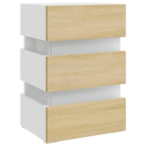 Sengebord med LED 45x35x67 cm konstrueret træ hvid og sonoma-eg