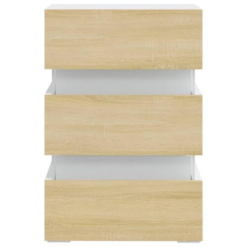 Sengebord med LED 45x35x67 cm konstrueret træ hvid og sonoma-eg