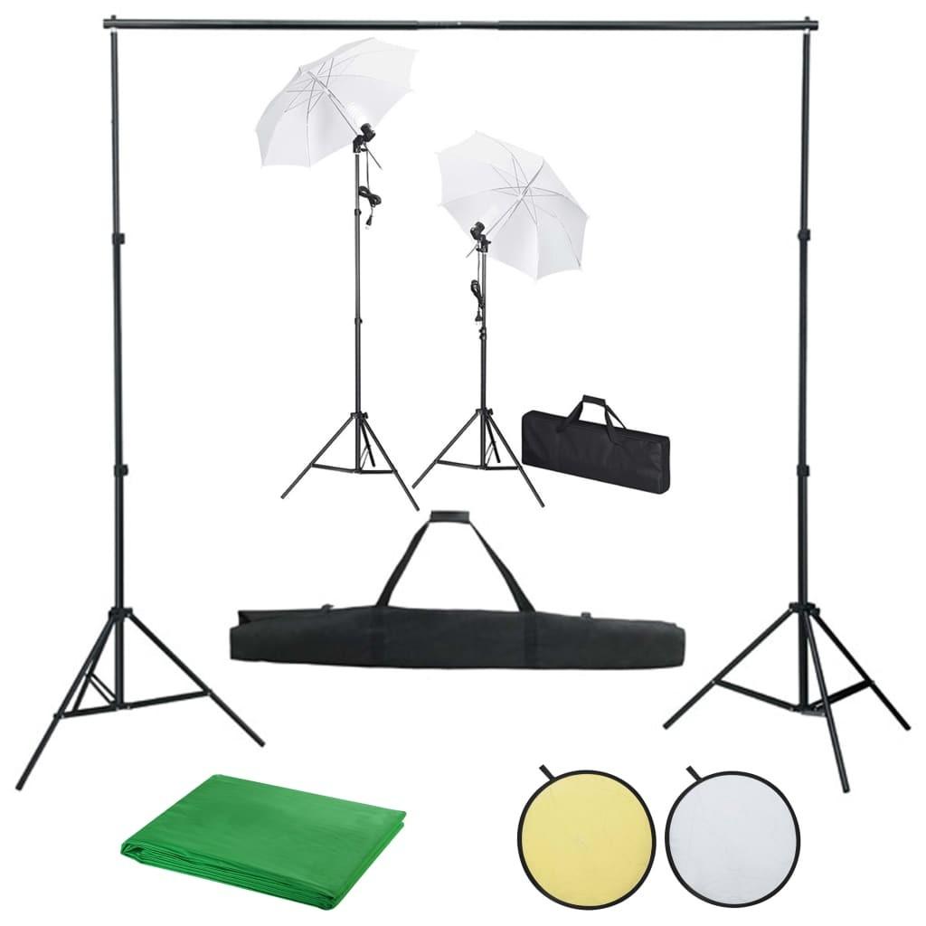 Fotostudiesæt med baggrunde, lamper og paraplyer