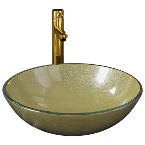Håndvask til badeværelse m. hane og bundventil hærdet glas guld
