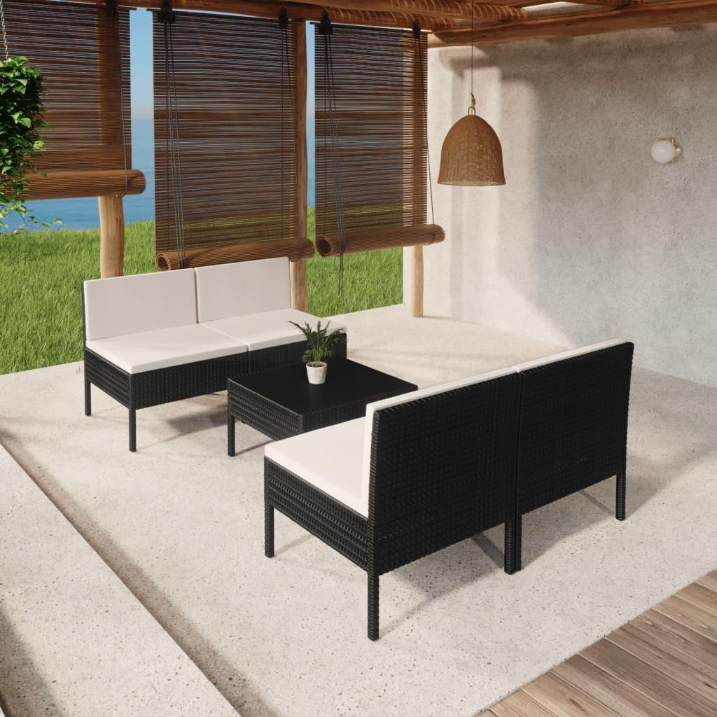 Loungesæt til haven 5 dele med hynder i polyrattan - sort/creme