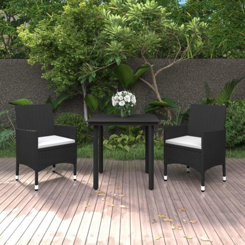 Spisebordssæt til haven - 3 dele i sort polyrattan med glasbord og creme hynder