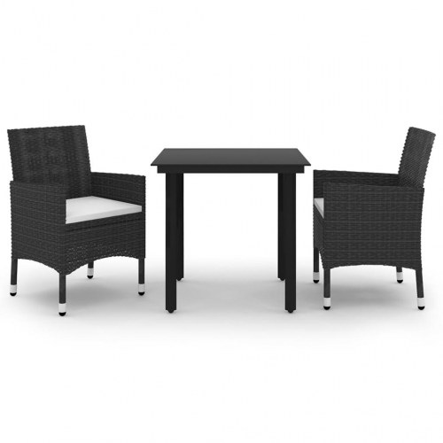 Spisebordssæt til haven - 3 dele i sort polyrattan med glasbord og creme hynder