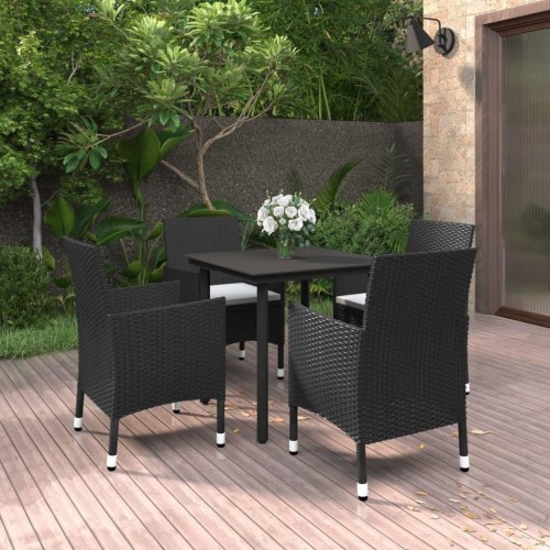 Spisebordssæt til haven - 5 dele i sort polyrattan med glasbord og creme hynder