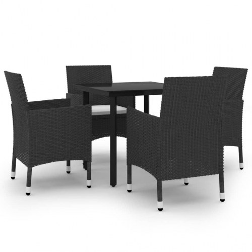 Spisebordssæt til haven - 5 dele i sort polyrattan med glasbord og creme hynder