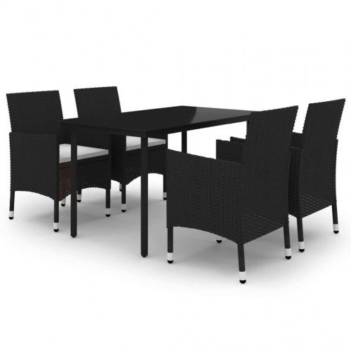 Spisebordssæt til haven - 5 dele i sort polyrattan med glasbord og hynder