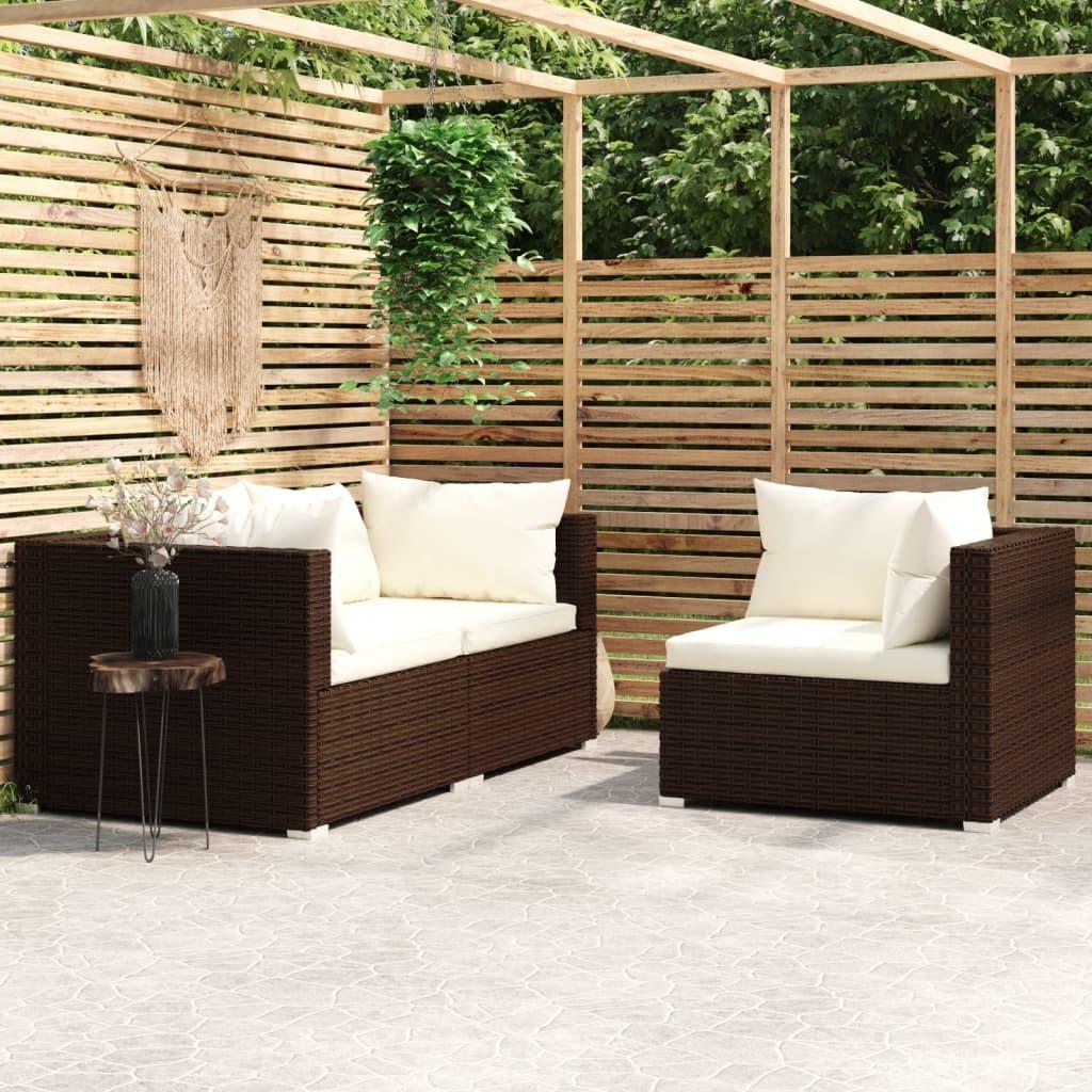 Loungesæt Til Haven 3 Dele Med Hynder Polyrattan Sort - Brun og cremefarvet