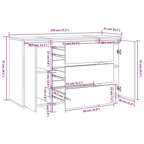 Skænk med 3 skuffer 120×41×75 cm - konstrueret træ, sort