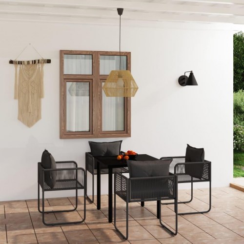 Spisebordssæt til haven 5 dele - sort glasbord og polyrattan stole