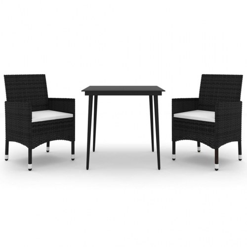 Spisebordssæt til haven - 3 dele i sort polyrattan med glasbord og cremefarvede hynder