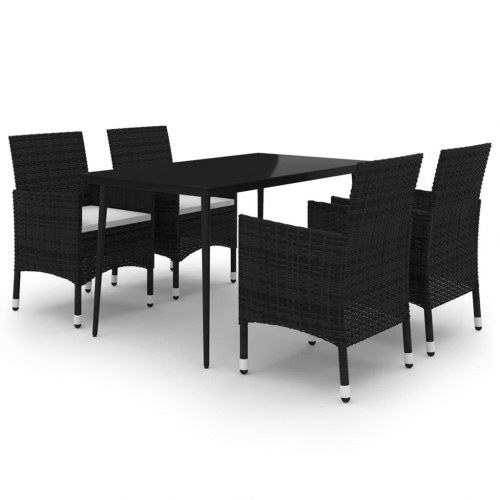 Spisebordssæt til haven - 5 dele i sort polyrattan med glasbord og creme hynder