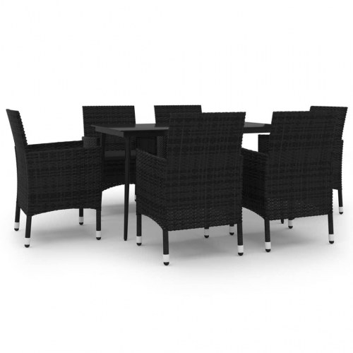 Spisebordssæt til haven - 7 dele i sort polyrattan med glasbord og hynder