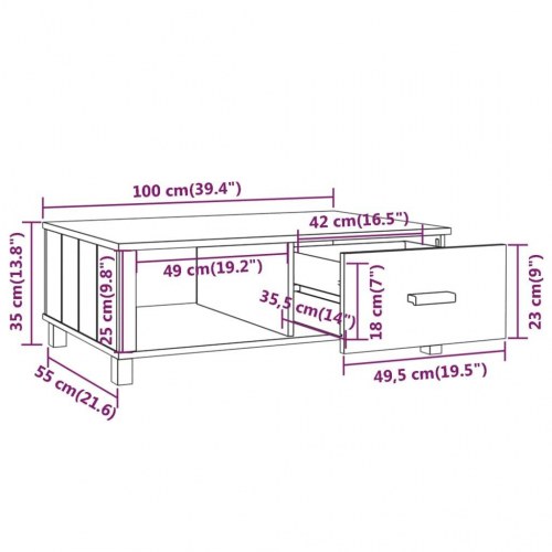 Sofabord HAMAR 100×55×35 cm - massivt fyrretræ, hvid