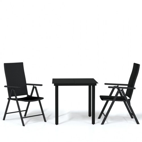 Spisebordssæt til haven 3 dele - sort glasbord og 2 polyrattanstole