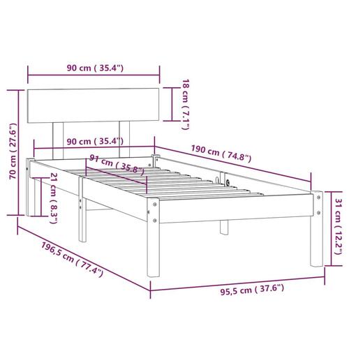 Sengeramme 90x190 cm Single massivt fyrretræ hvid