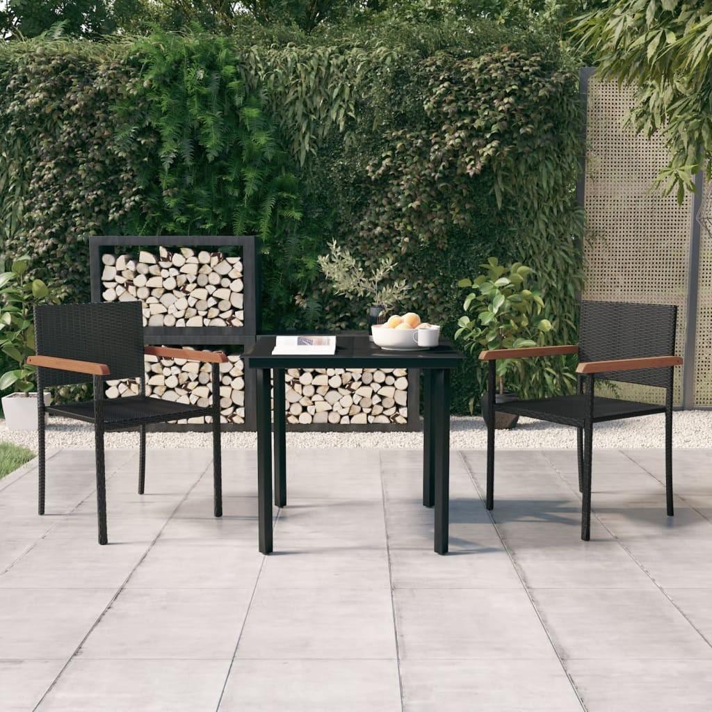 Spisebordssæt til haven 3 dele - sort polyrattan med glasbordplade