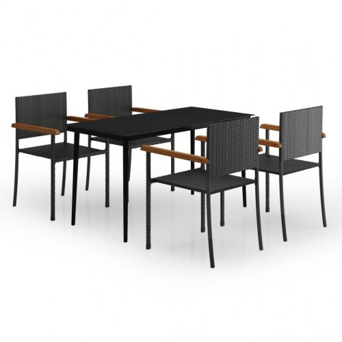 Spisebordssæt til haven 5 dele - sort glasbord og polyrattan stole