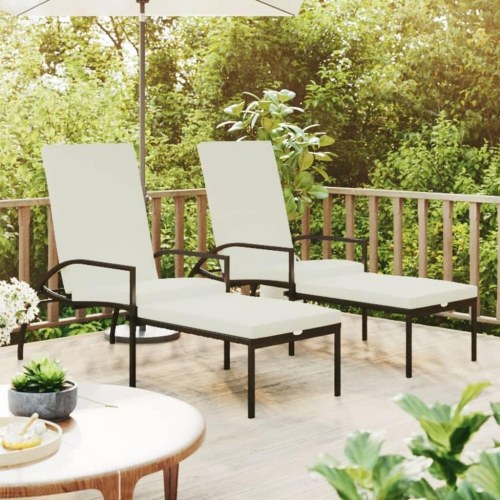 Liggestole med fodskammel i polyrattan - 2 stk., brun/creme