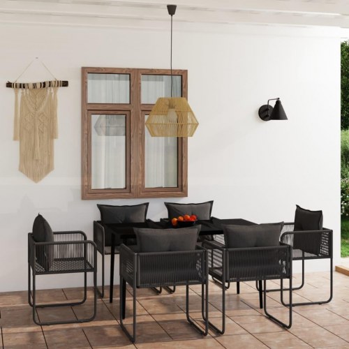 Spisebordssæt til haven 7 dele - sort glasbord og polyrattan stole